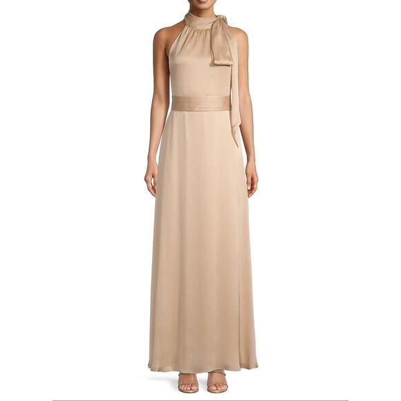 SACHIN & BABI Kayla Champagne Tie Neck Maxi Crinkle Dress Size 6 - Picture 2 of 9